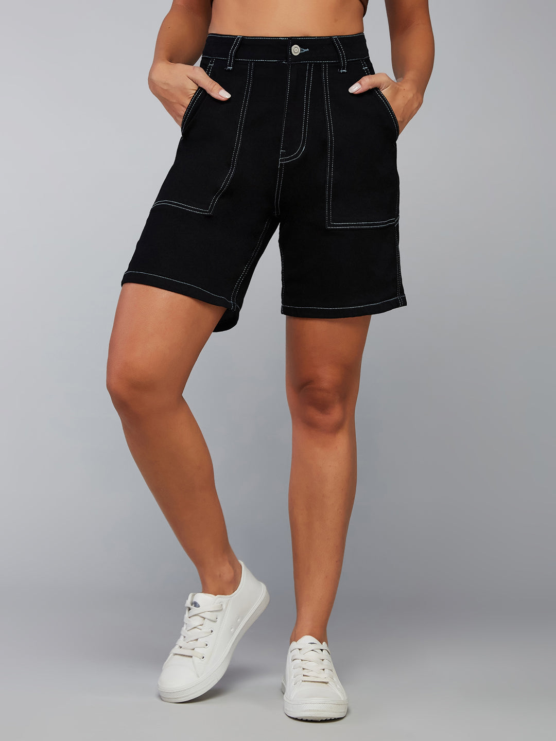 Black Regular High-Rise Clean-Look Above Knee Stretchable Denim Shorts for Women
