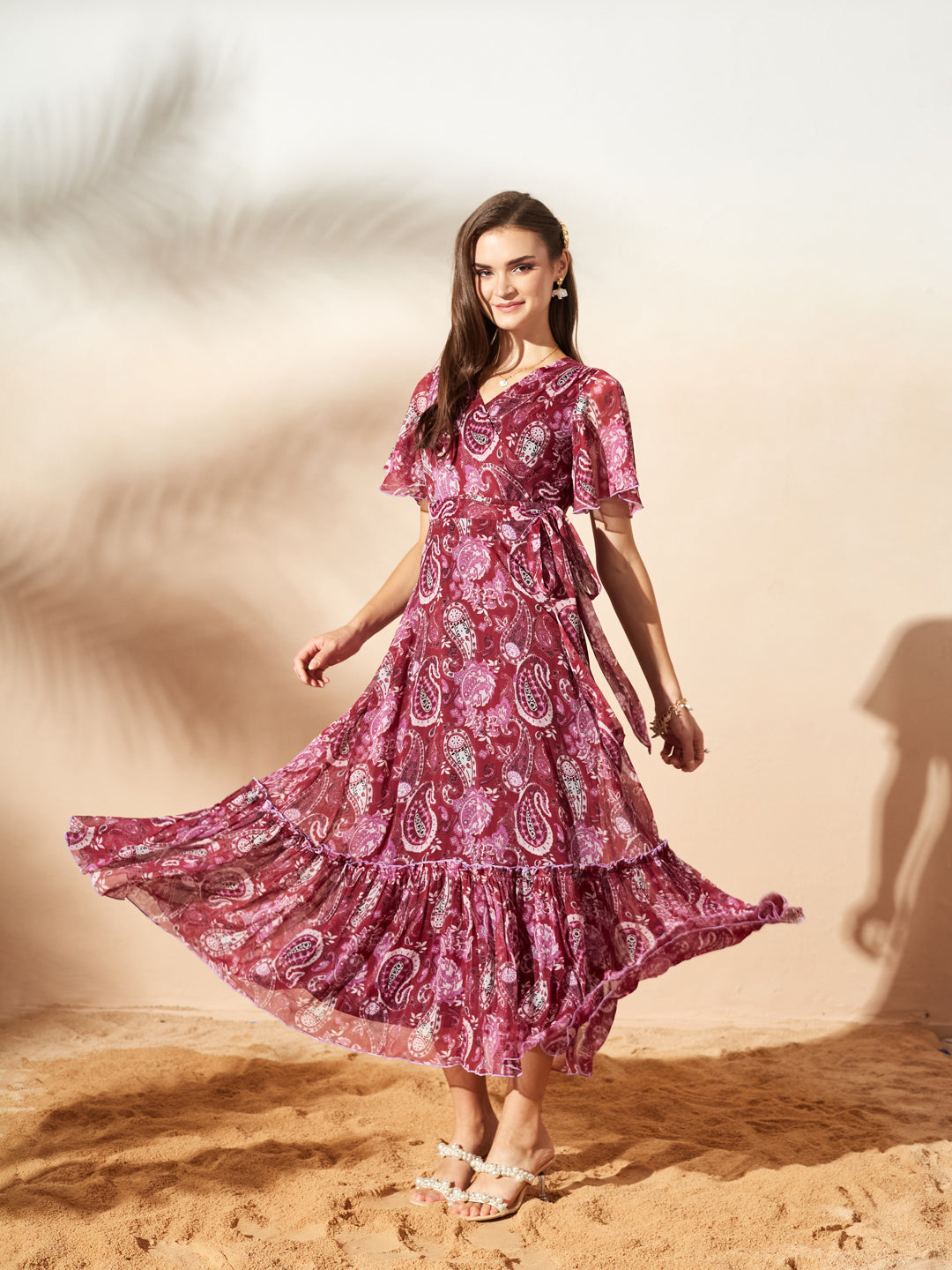 Wine Floral Printed Flutter Sleeves Maxi Dress for Women