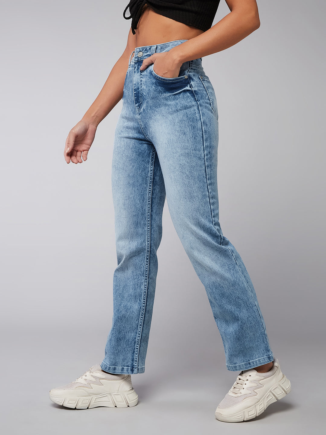24/7 Comfort Light-Blue Wide-Leg High-Rise Stretchable Denim Jeans for Women