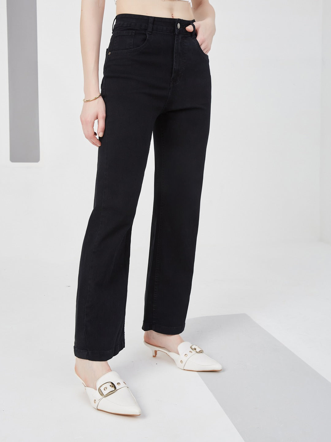 Black Straight high-rise Stretchable Denim Jeans for Women