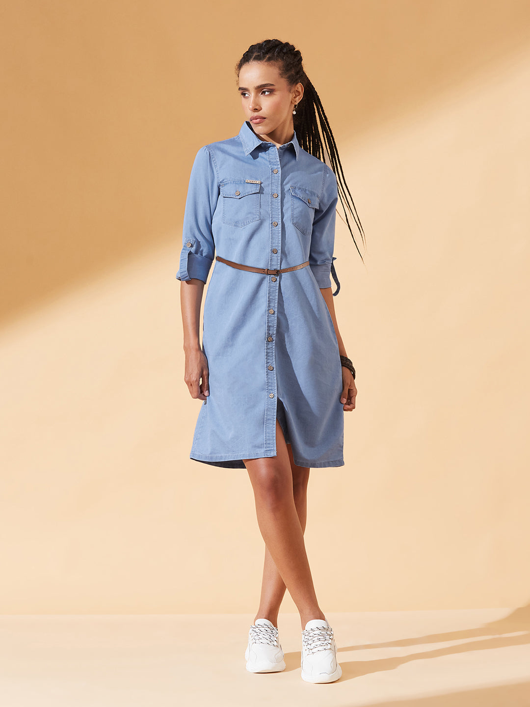 Blue Polo Neck Rolled Up Full Sleeve Denim Solid Buttoned A-Line Mini Dress for Women — Dolce Crudo