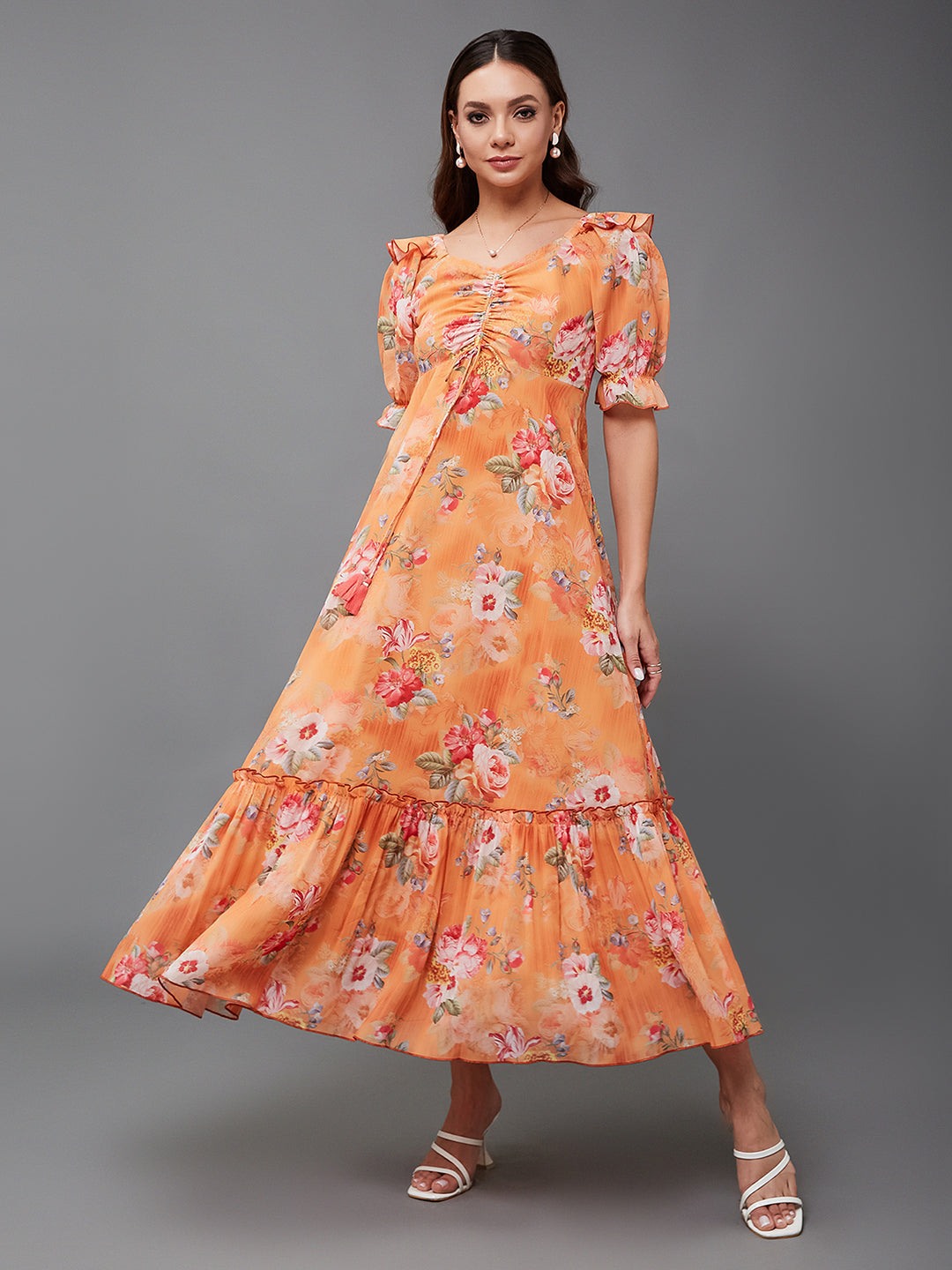 Women's Multicolored-Base-Orange V-Neck Puff Sleeve Floral Ruching Ankle-Length Dress