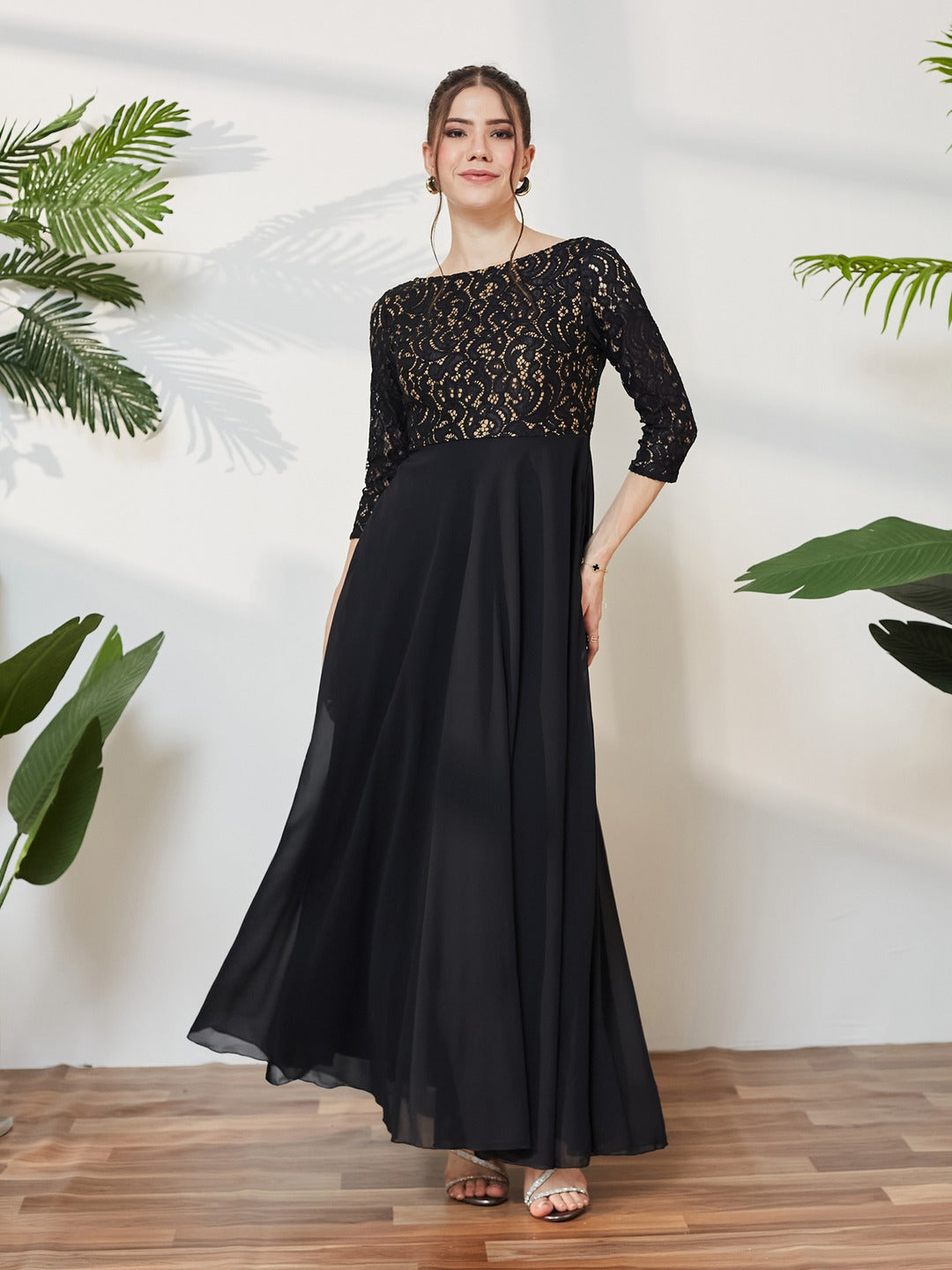 Black Self Design Boat Neck 3/4 Sleeves Side Pocketed Georgette Fit and Flare Maxi Length Dress for Women