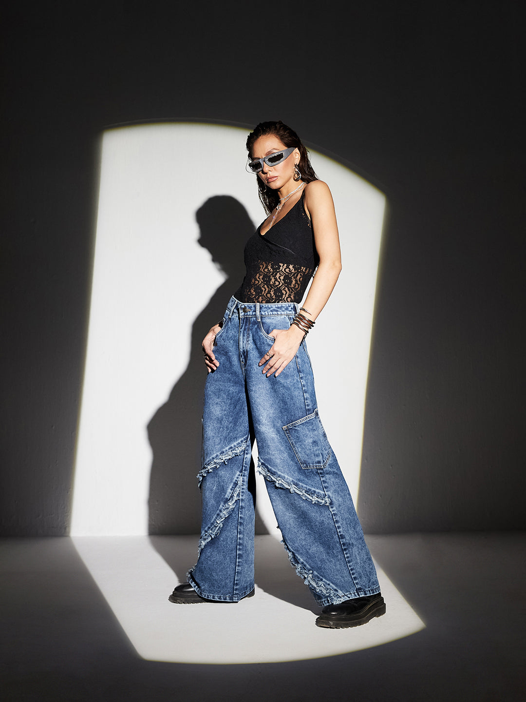 Women's Navy-Blue Wide-Leg High-Rise Highly-Distressed Regular-Length Denim Jeans