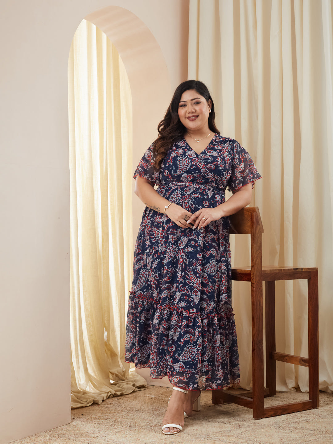 Navy Floral Wrap Chiffon Maxi Dress with Flutter Sleeves & Frilled Hem for Women