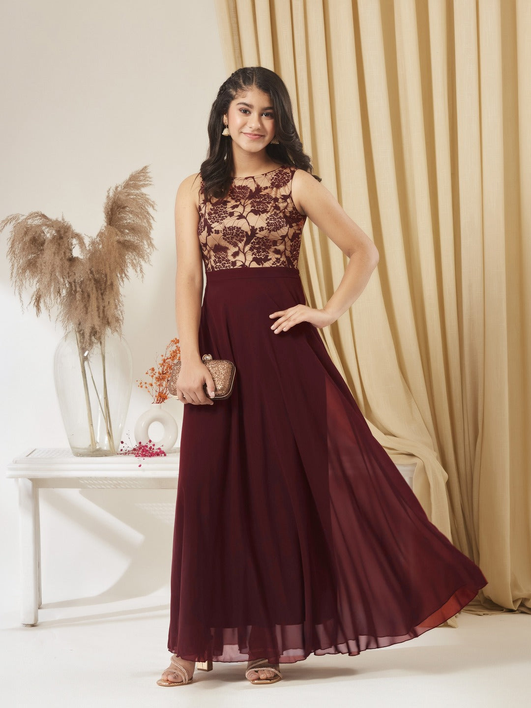 Beige & Wine Round Neck Sleeveless Georgette Floral Lace Fit & Flare Maxi Dress for Girls/Teenagers