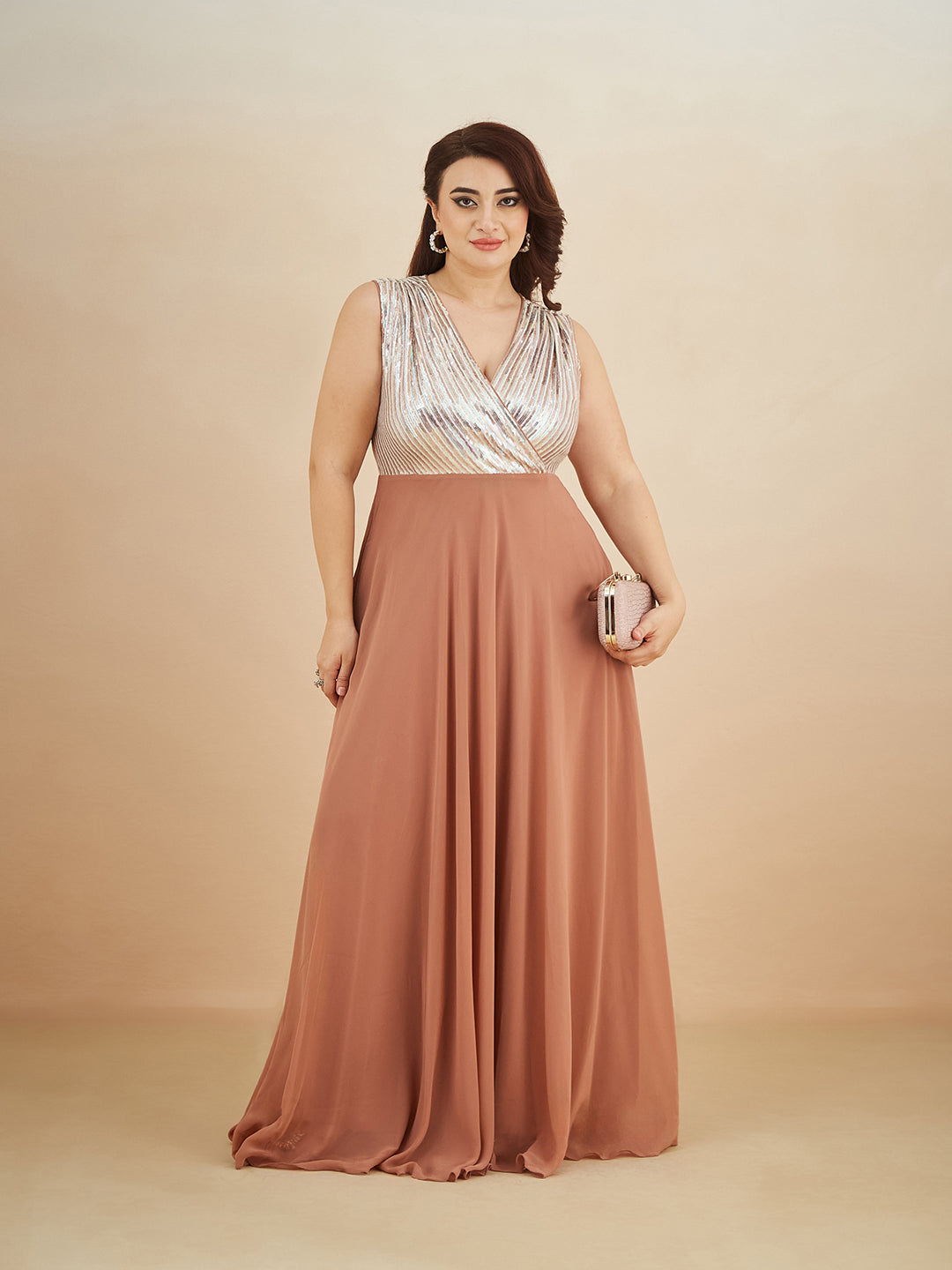 Dusty Peach V-Neck Sleeveless Embellished Wrap Maxi Georgette Dress for Women
