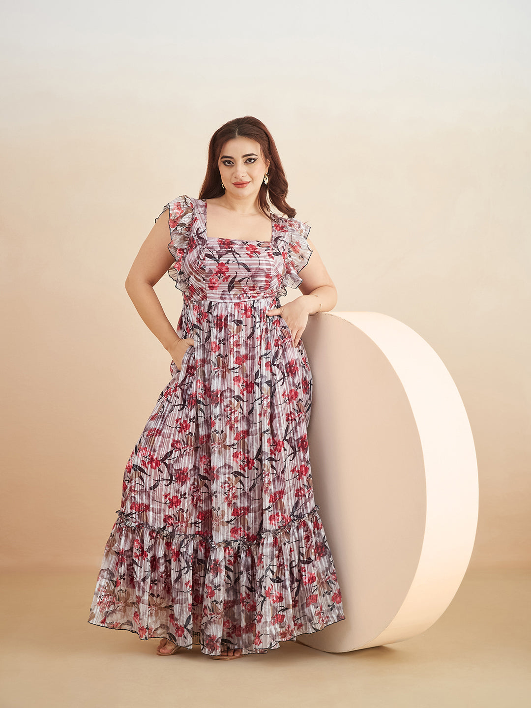 Women's Multicolored-Base-Off White Square Neck Layered Ruffles Sleeve  Floral Patterned Tiered Maxi Georgette Dress