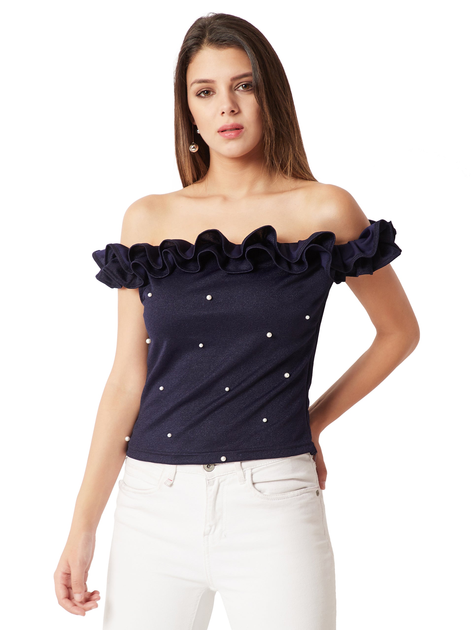 Women's Navy Blue Off-Shoulder Sleeveless Solid Pearl Detailing Ruffled Bardot Style Top