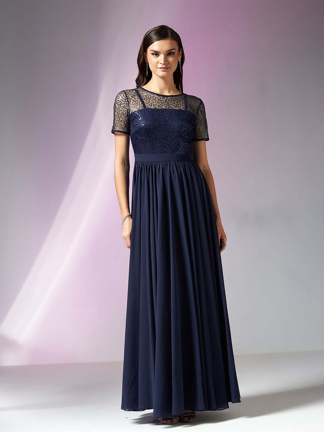 Navy Blue Relaxed Fit Maxi Georgette & Sequins Dress for Women