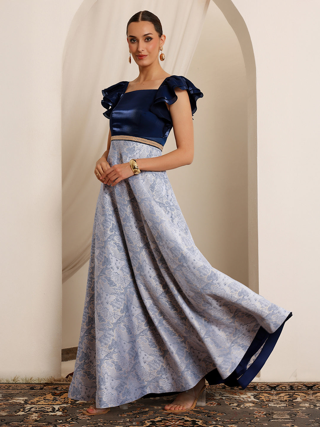 Women's Navy Blue White Square Neck Ruffled Floral Maxi Dress