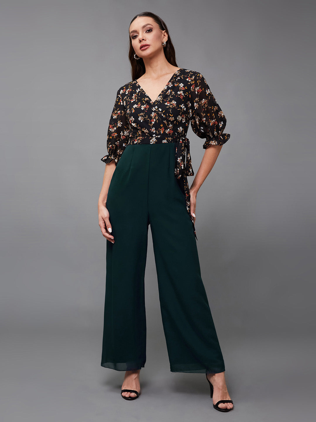Women's Multicolored-Base-Teal V-Neck Puff Sleeve Floral Patterned Wrap Regular Georgette Jumpsuit
