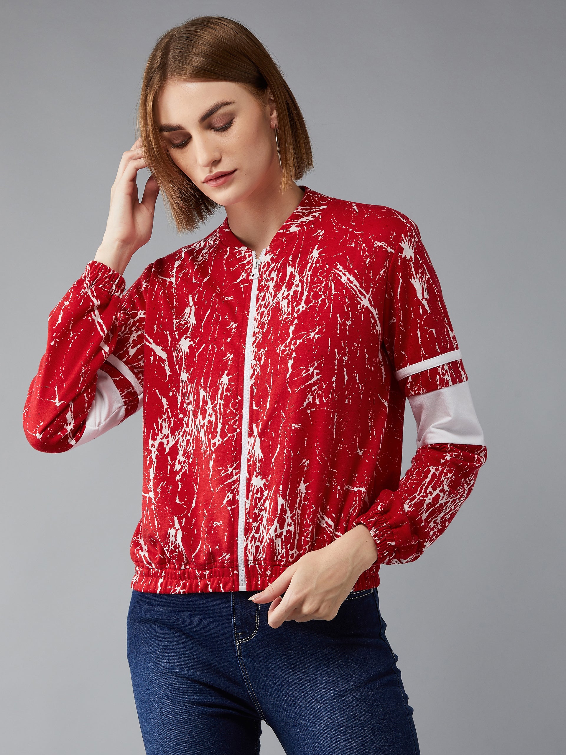 Women's Multicolored-Base-Red Round Neck Full Sleeves Printed Bomber/Paneled Regular Length Jacket