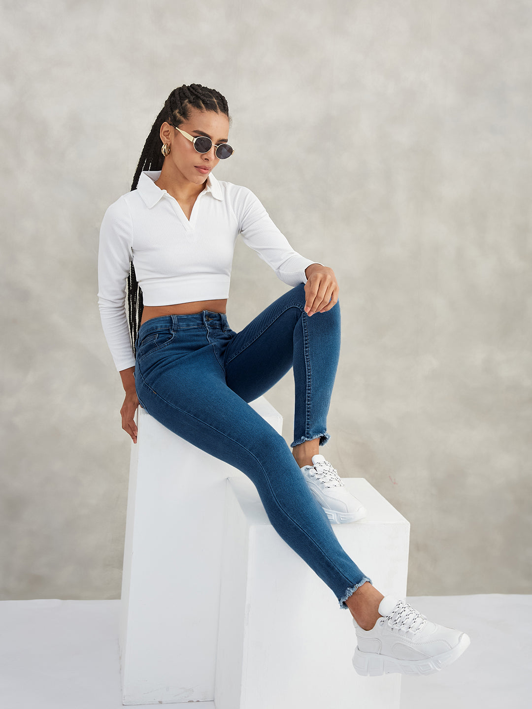 Women's Blue Skinny High-Rise Cropped-Length Fringe Detailing Stretchable Denim Jeans