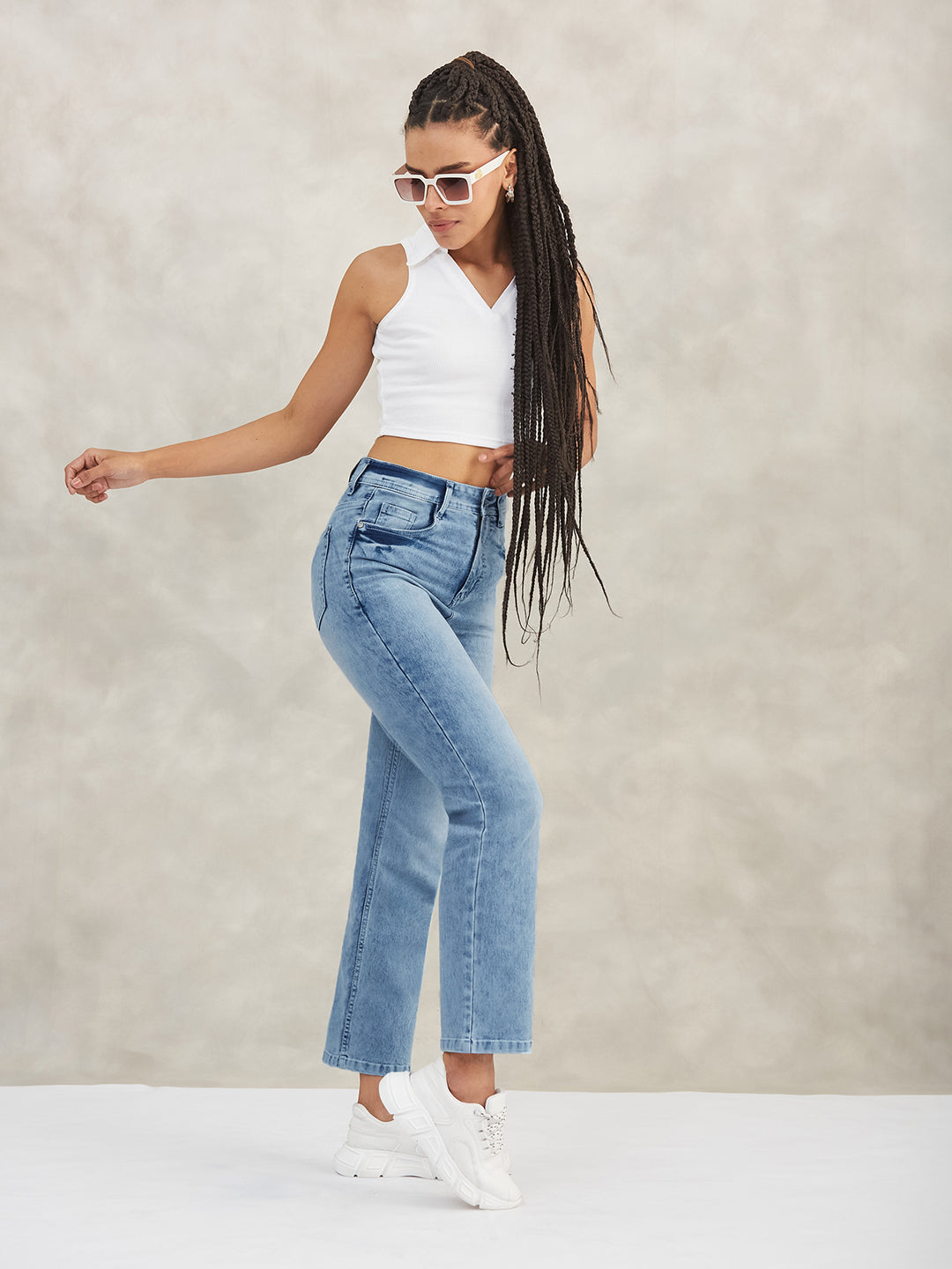 Women's Light Blue Wide-Leg Fit High-Rise Stretchable Denim Jeans