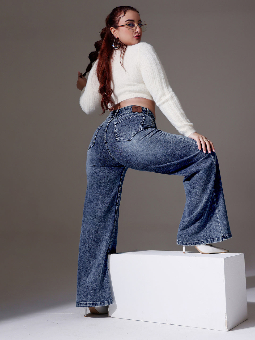Women's Light Blue High Rise Clean Look Regular-Length Stretchable Denim Wide Leg Shaping Jeans
