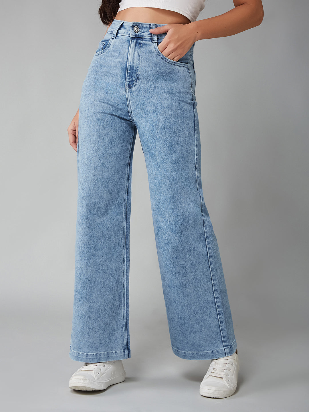 Women's Light Blue Wide-Leg High-Rise Clean-Look Regular Stretchable Denim Jeans