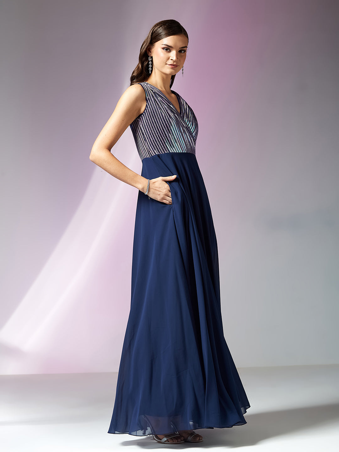 Navy Blue V-Neck Sleeveless Embellished Wrap Maxi Georgette Dress for Women