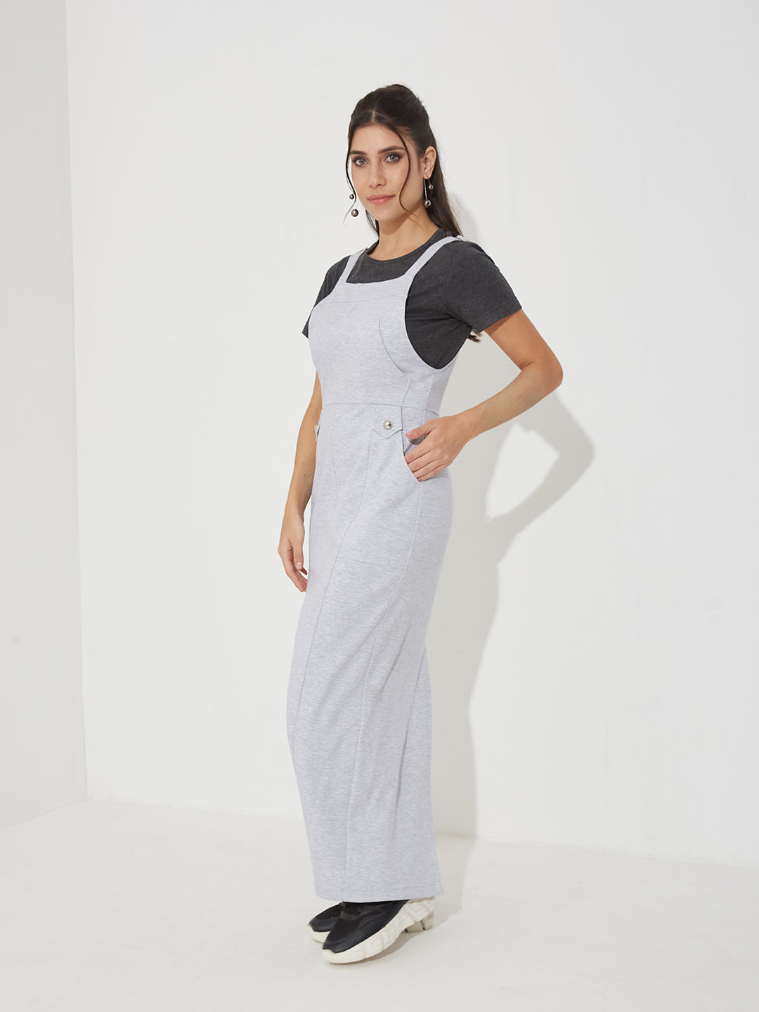 Grey and Black Solid Cotton Pinafore Maxi Co-ord Set with Utility Pockets for Women
