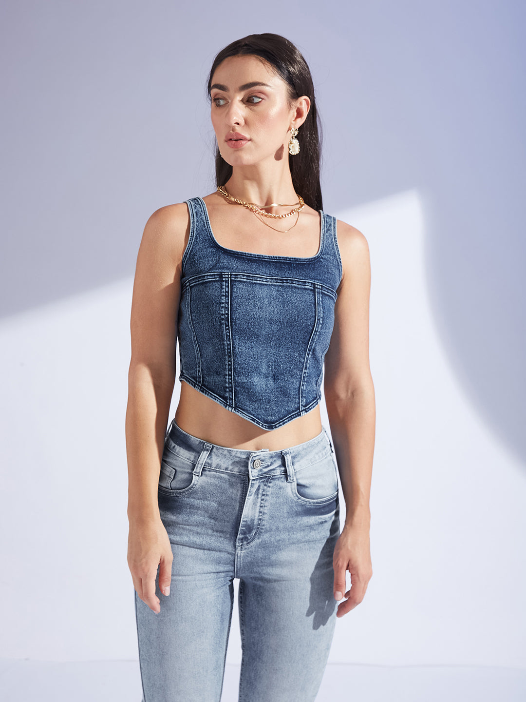 Women's Navy Blue Square Neck Sleeveless Zipper Corset Denim Crop Top
