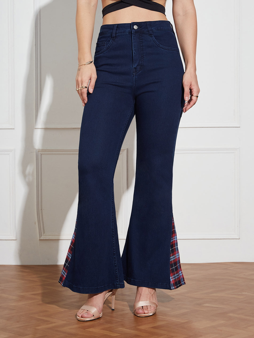 Women's Navy Blue High Rise Clean LooK Stretchable Denim Bootcut Jeans