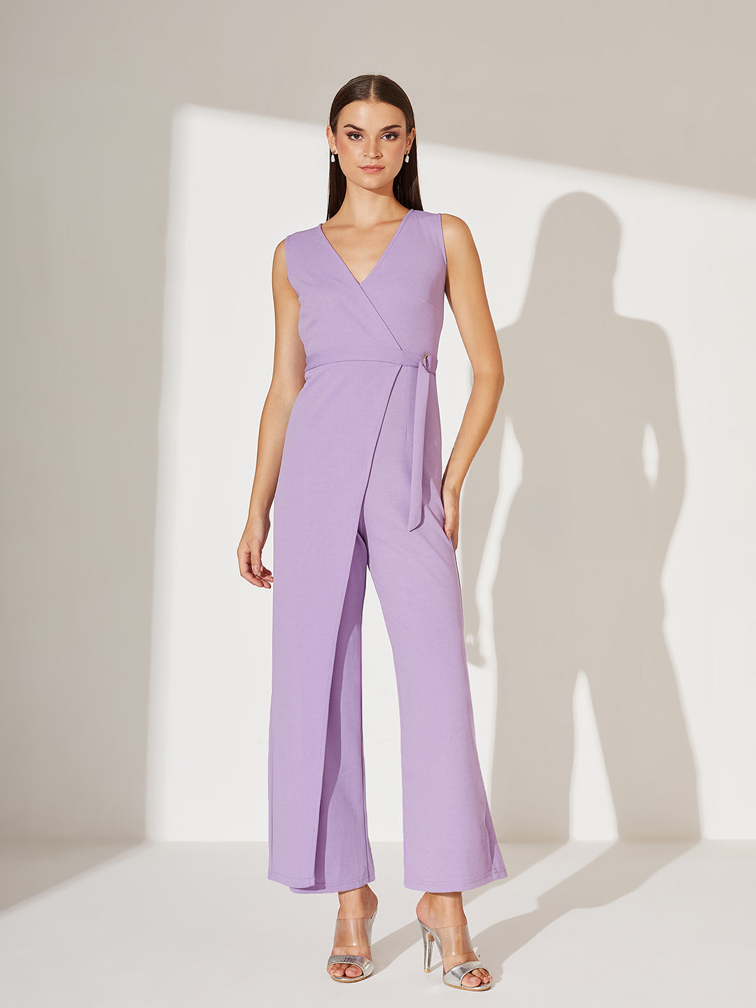 Light Lavender V-Neck Sleeveless Solid Wrap Regular Length Jumpsuit for Women