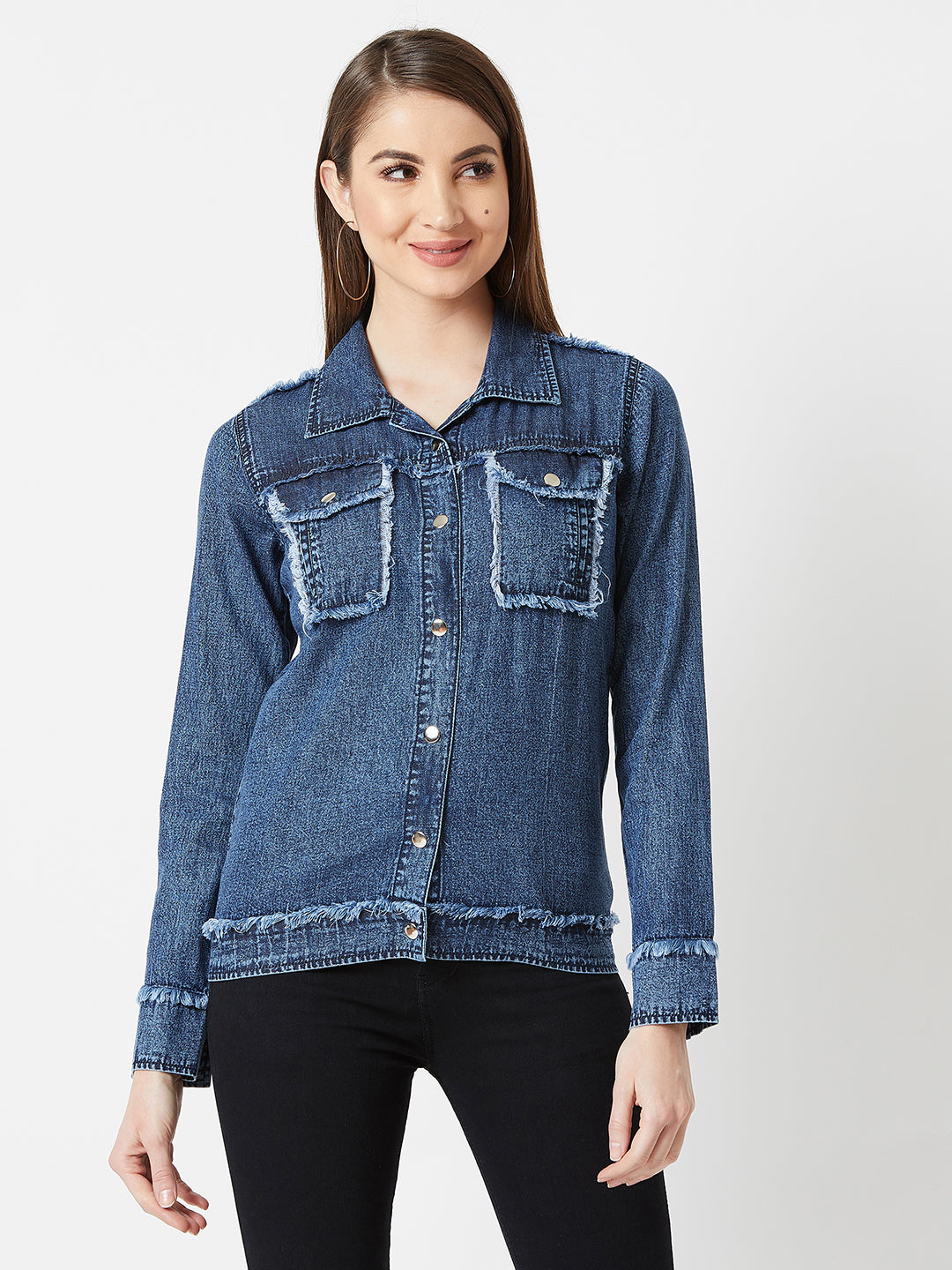 Women's Blue Polo Neck Full Sleeves Snap Button Detailing Denim Solid Regular Length Jacket
