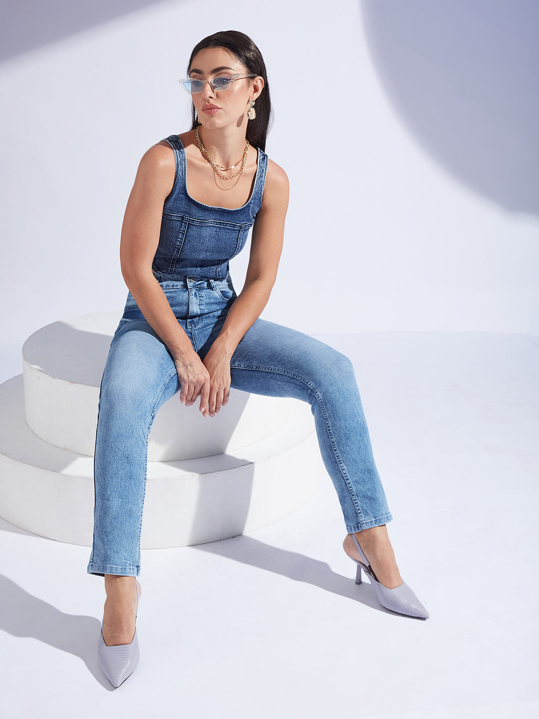 Women's Light-Blue Slim-Fit High-Rise Mildly Distressed Regular-Length Stretchable Denim Jeans