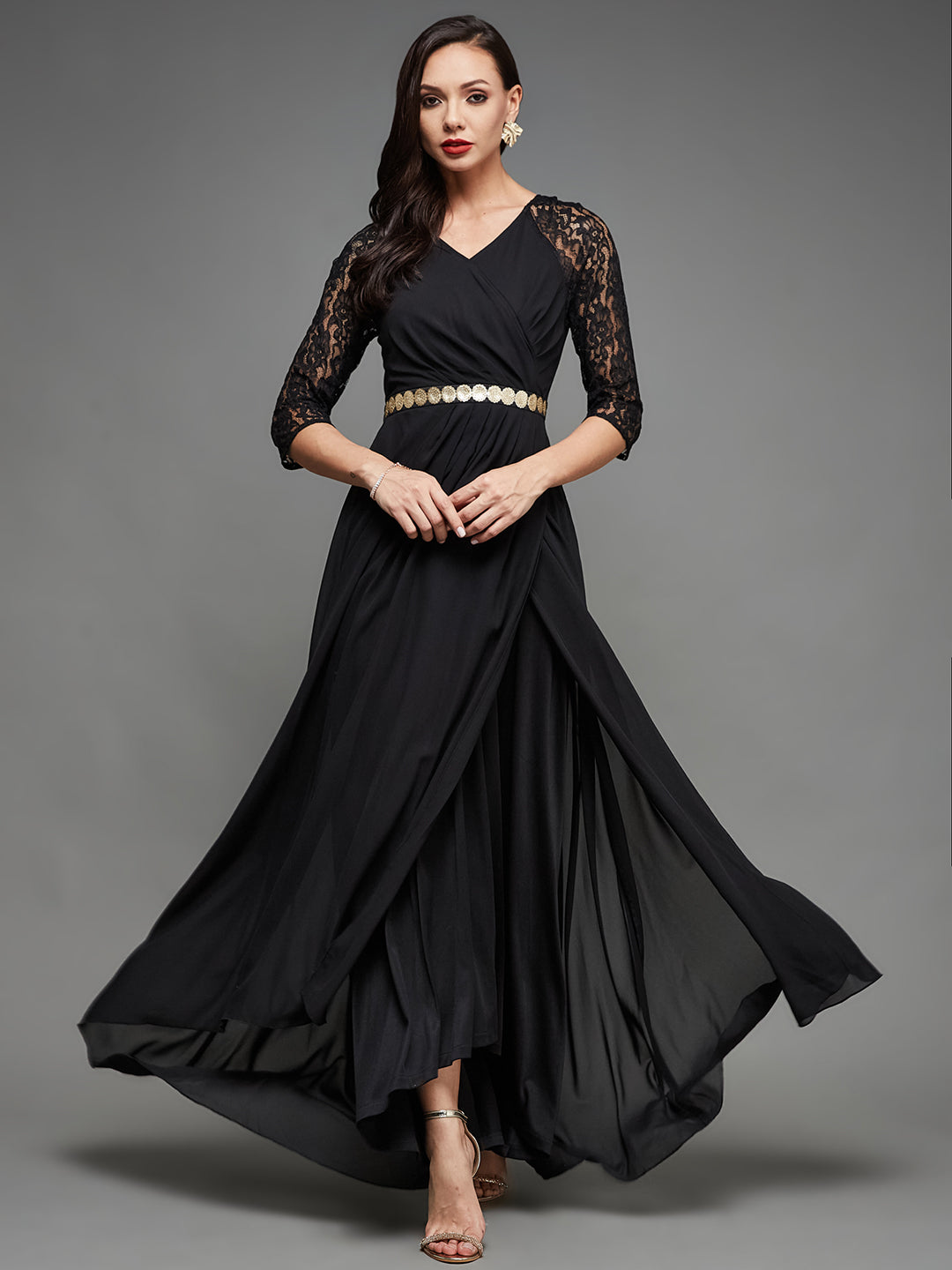 Black Long Sleeves Lace Fit and Flare Gown with Sequinned Golden Belt for Women | Life of the Party Collection