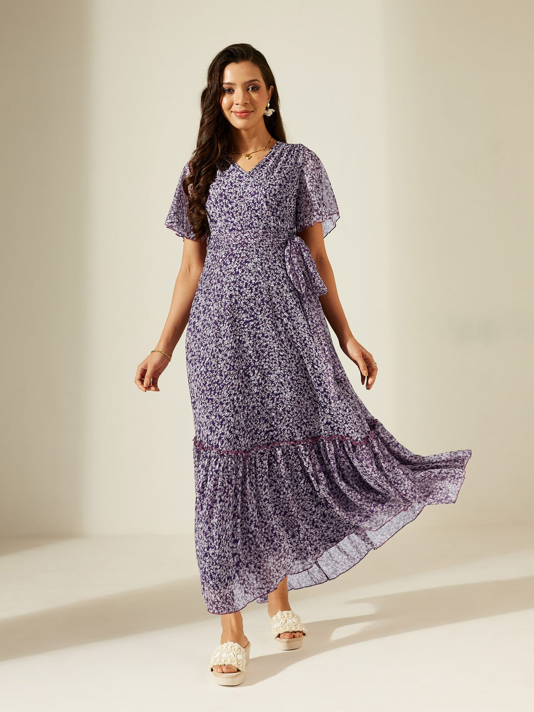Purple V Neck Flared Sleeve Floral Wrap Chiffon Maxi Dress for Women
