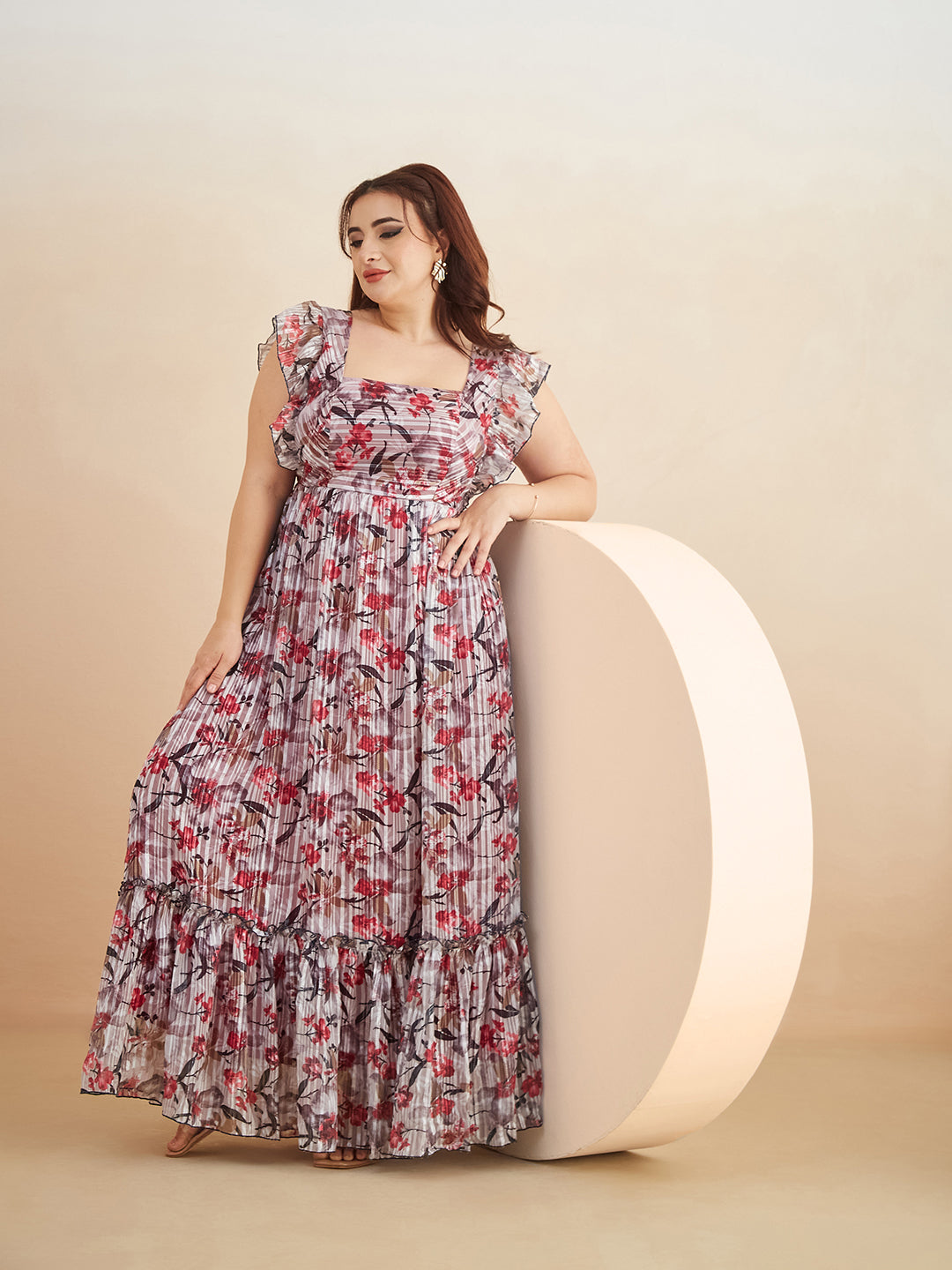 Multicolored-Base-Off White Square Neck Layered Ruffles Sleeve Floral Patterned Tiered Maxi Georgette Dress for Women