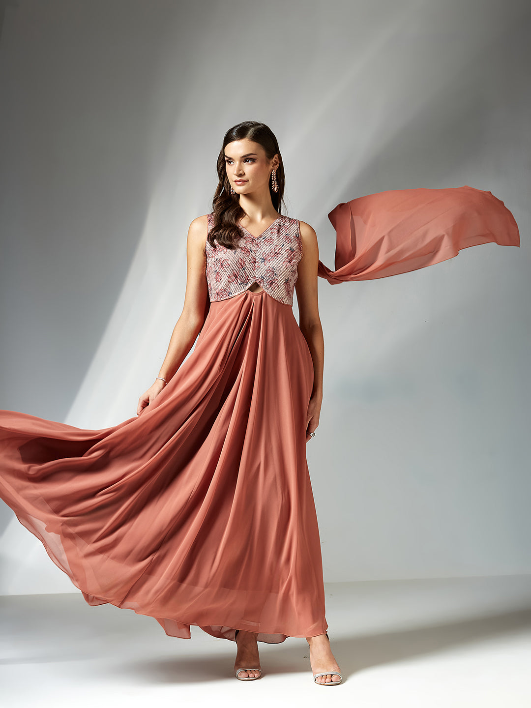 Women's Light Turquoise V-Neck Sleeveless Floral Cut-Out Georgette Maxi Dress