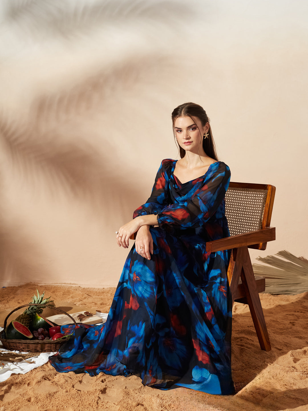 Black V-Neck Puff Floral Overlap/ Tiered Maxi Chiffon Ethnic Dress for Women — Miss Chase
