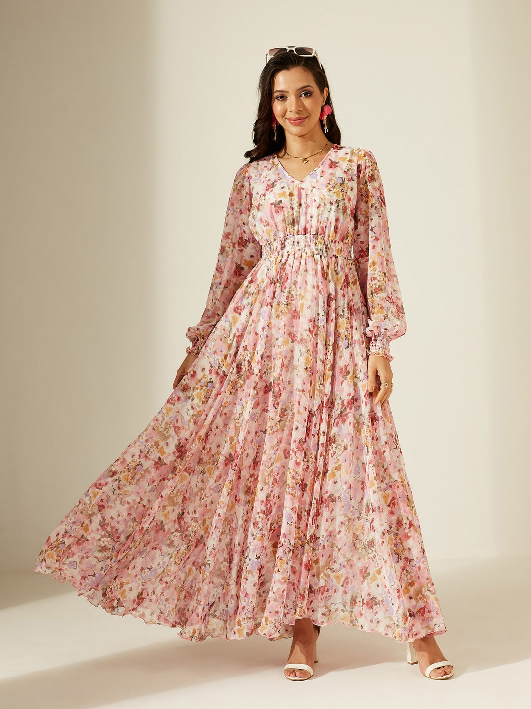 Pink V-Neck Smocked Bishop Sleeve Floral Gathered Chiffon Maxi Dress for Women