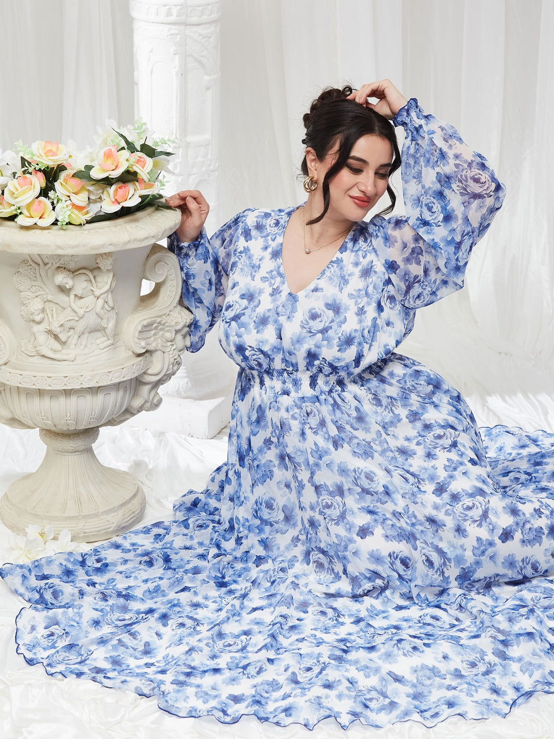 White V-Neck Full Sleeve Floral Gathered Chiffon Maxi Dress for Women