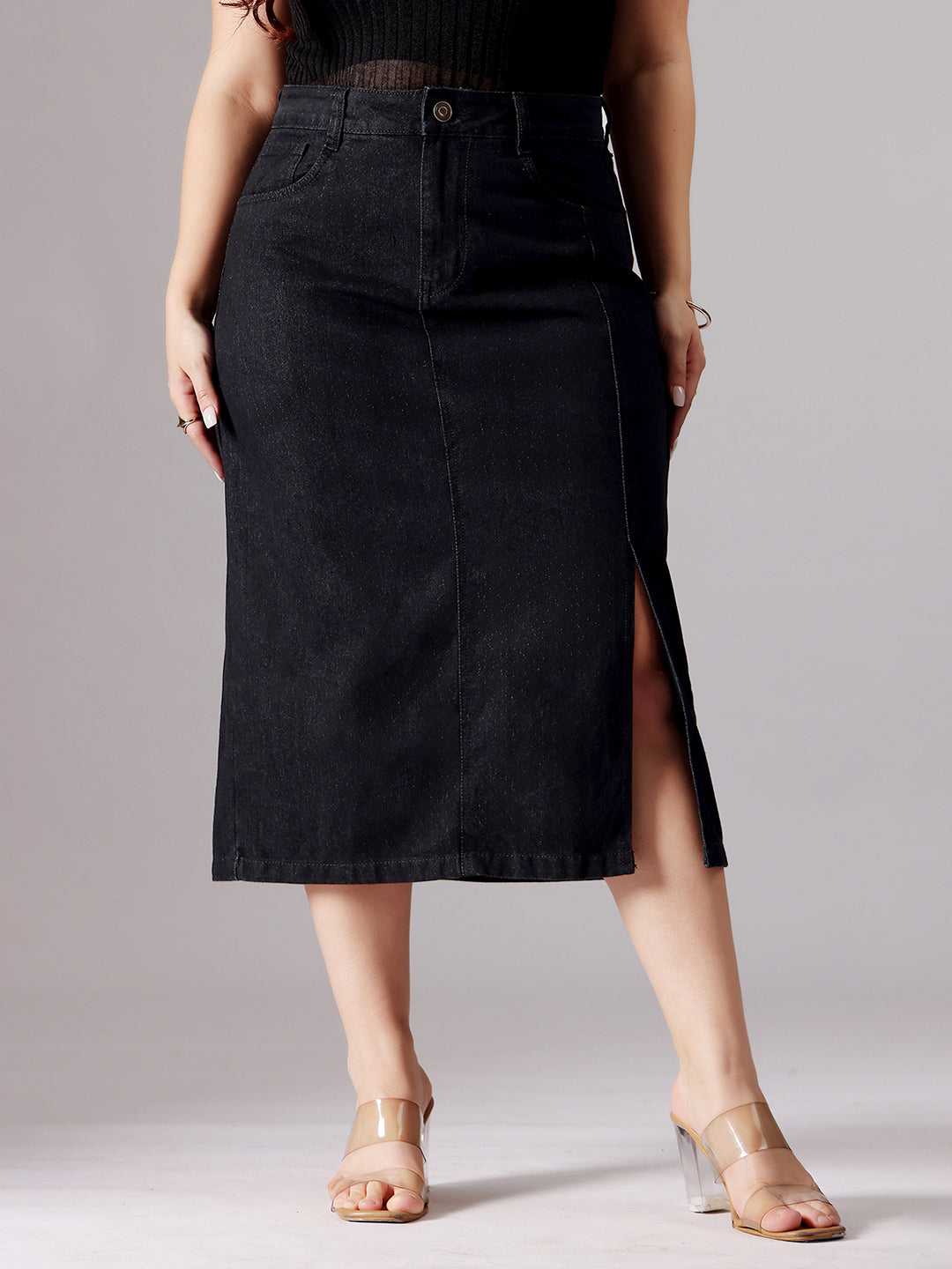 Black Straight-Fit High-Rise Stretchable Denim Midi Skirt for Women