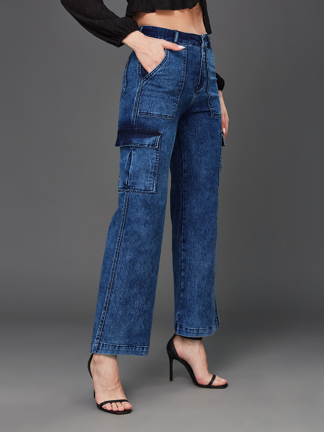 24/7 Comfort Mid Blue Wide-Leg High-Rise Clean-Look Regular-Length Stretchable Denim Cargo Jeans