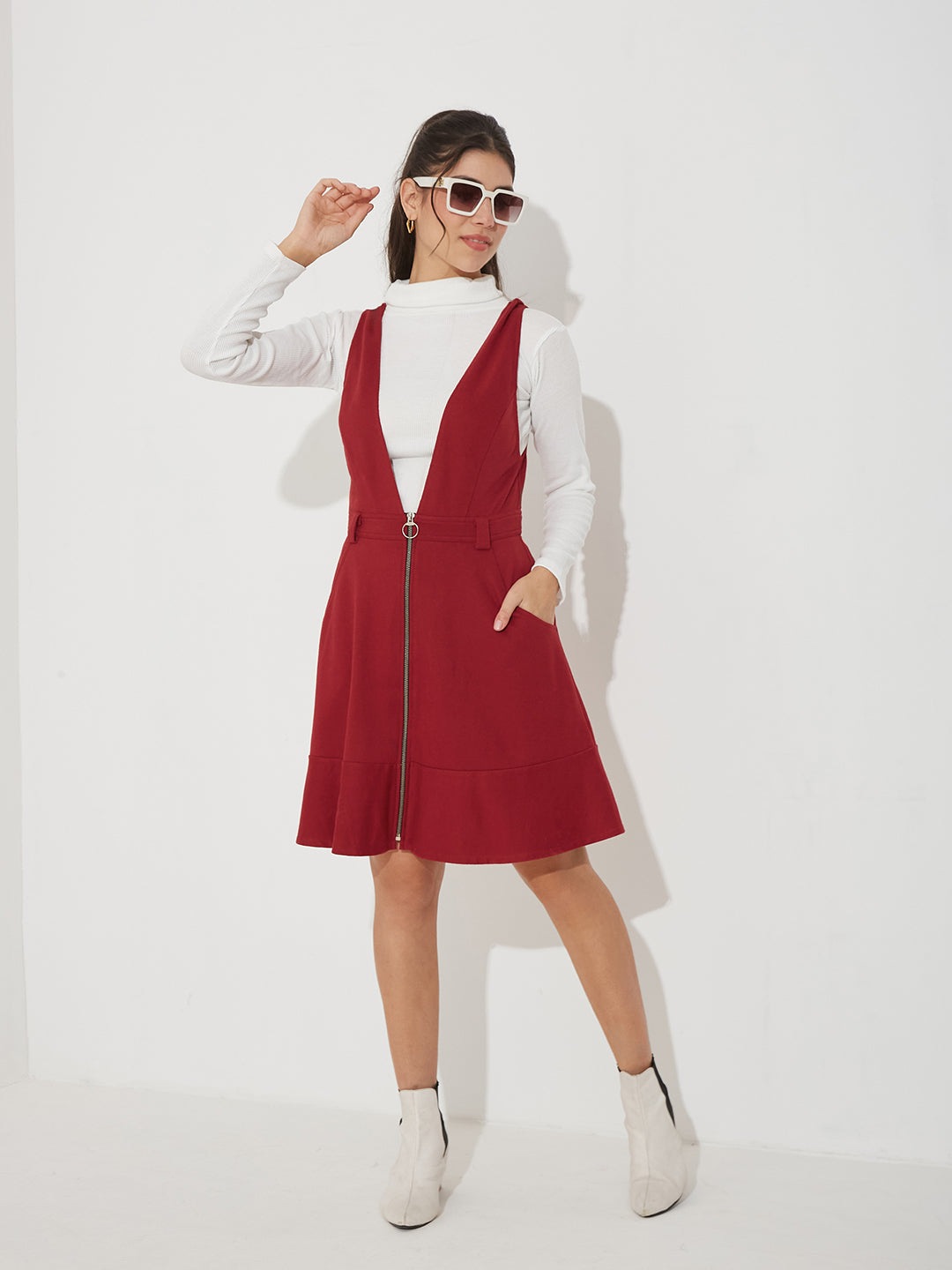 Maroon Solid Polyester Pinafore Dress with Zipper Detail and Side Pockets for Women