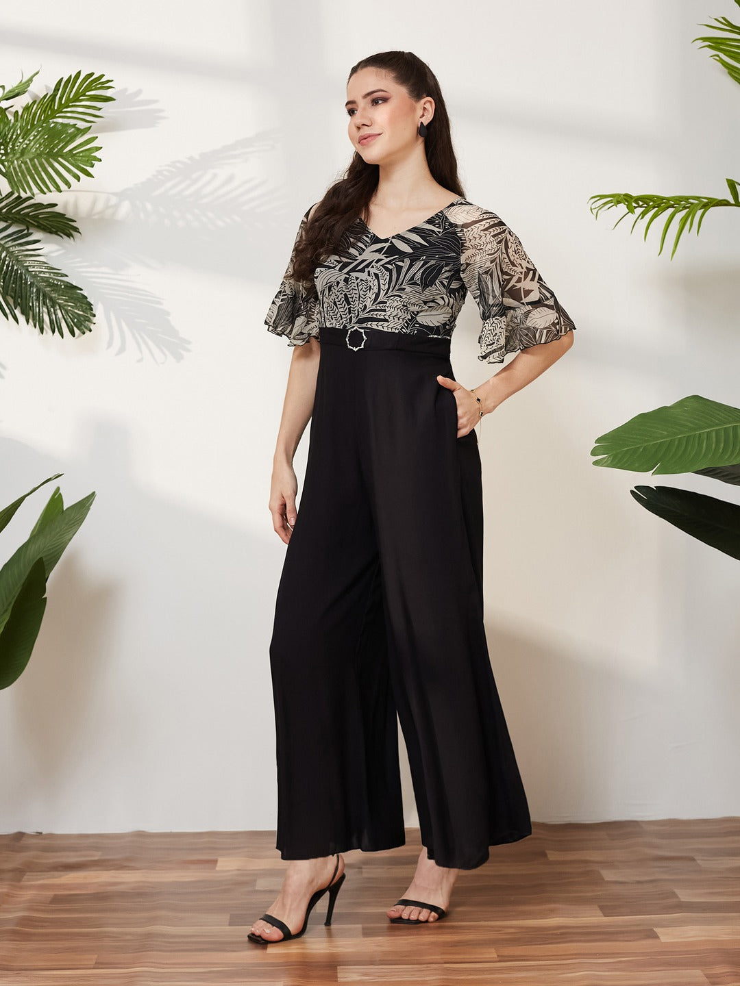 Black V Neck Ruffled Sleeve Wide Leg Regular-Length Polyester Printed Jumpsuit for Women