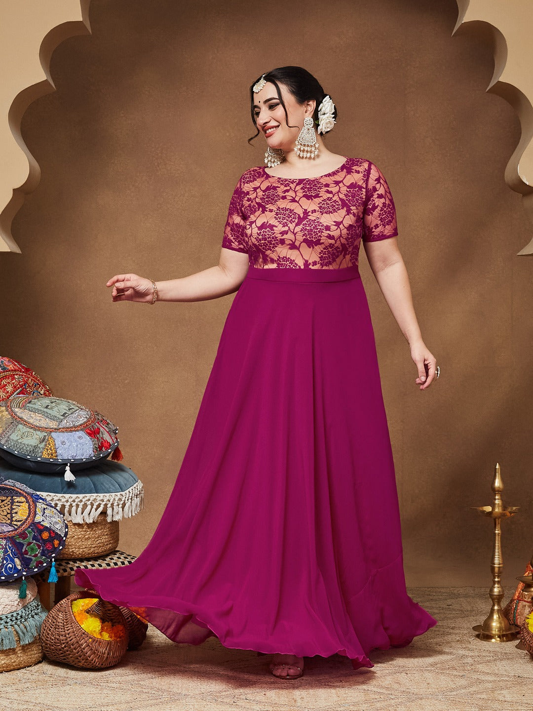 Dark Pink Round Neck Half Sleeve Self-Designed Fit & Flare Georgette Maxi Dress for Women