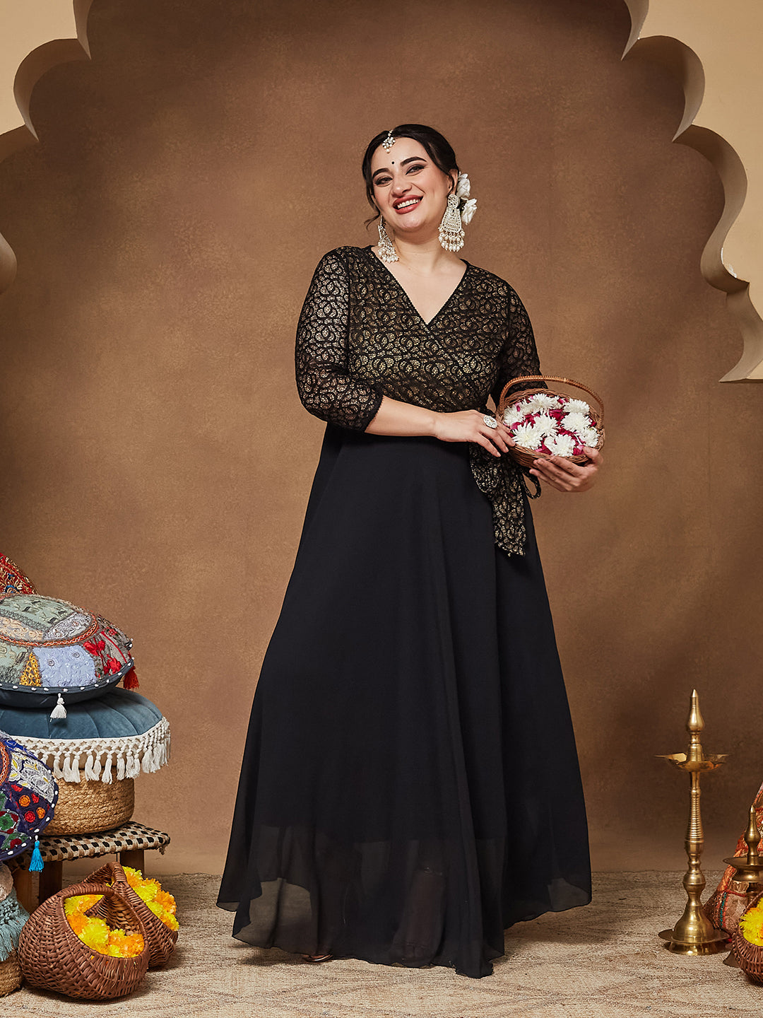 Black Self-Designed Relaxed Fit V-Neck 3/4th Sleeve Georgette And Lace Maxi Dress for Women