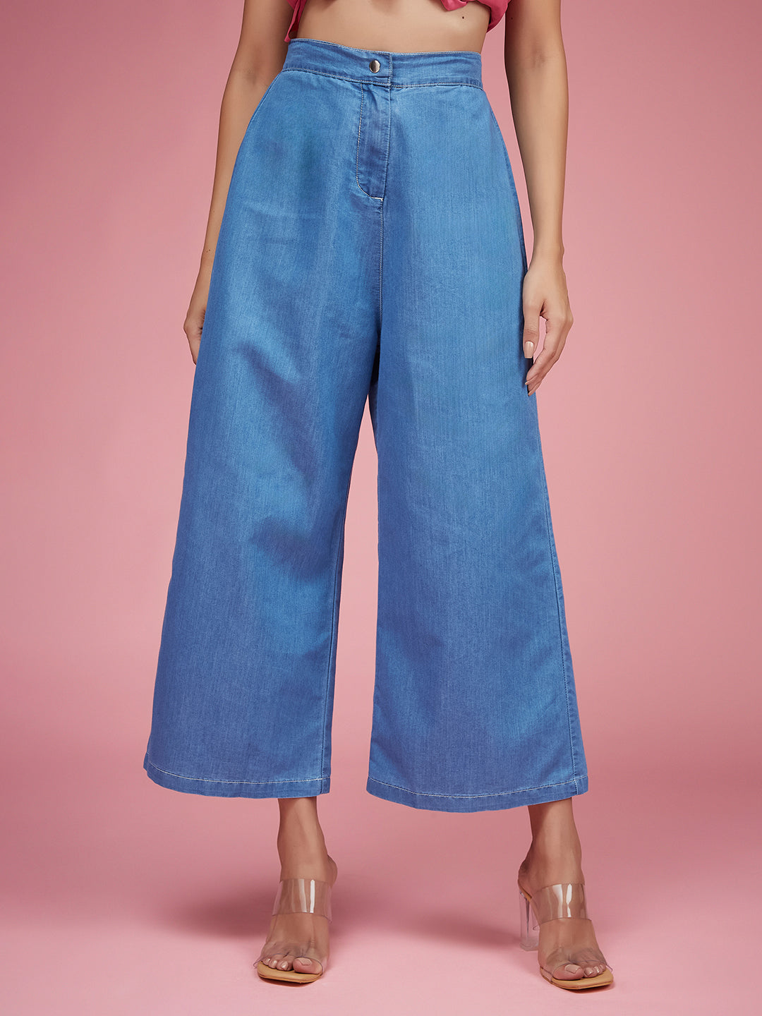 Women's Blue Flared Wide-Leg High-Rise Non Stretchable Light Weight Denim Culottes Pants