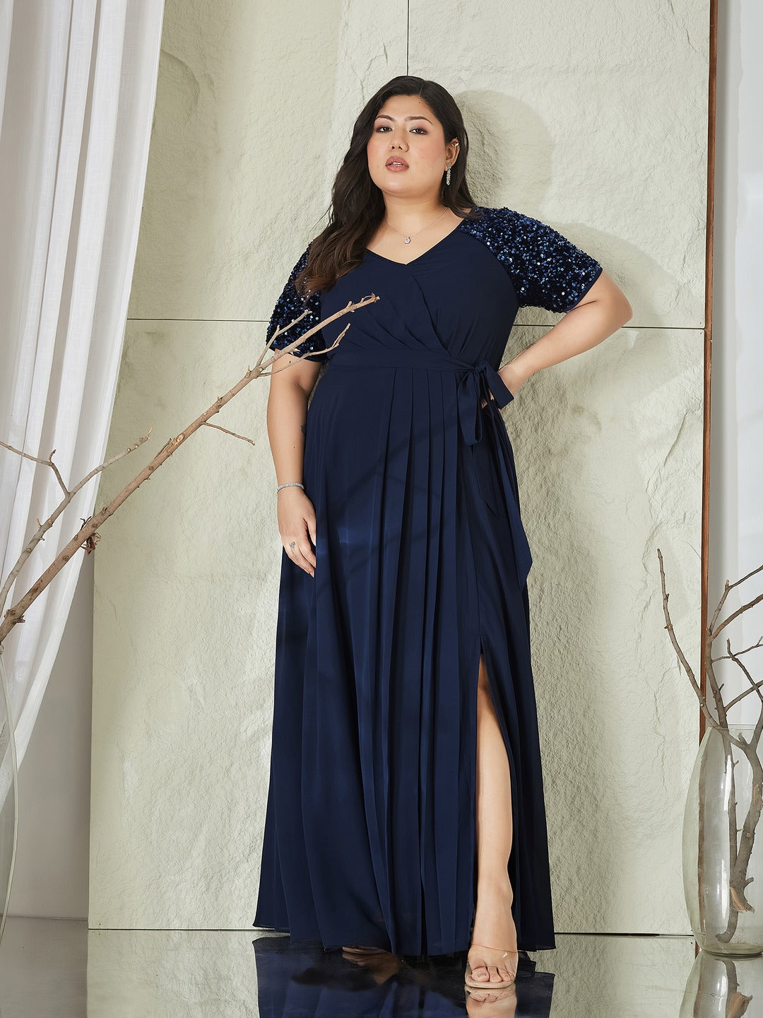 Navy Blue Relaxed Fit Maxi Georgette Dress for Women