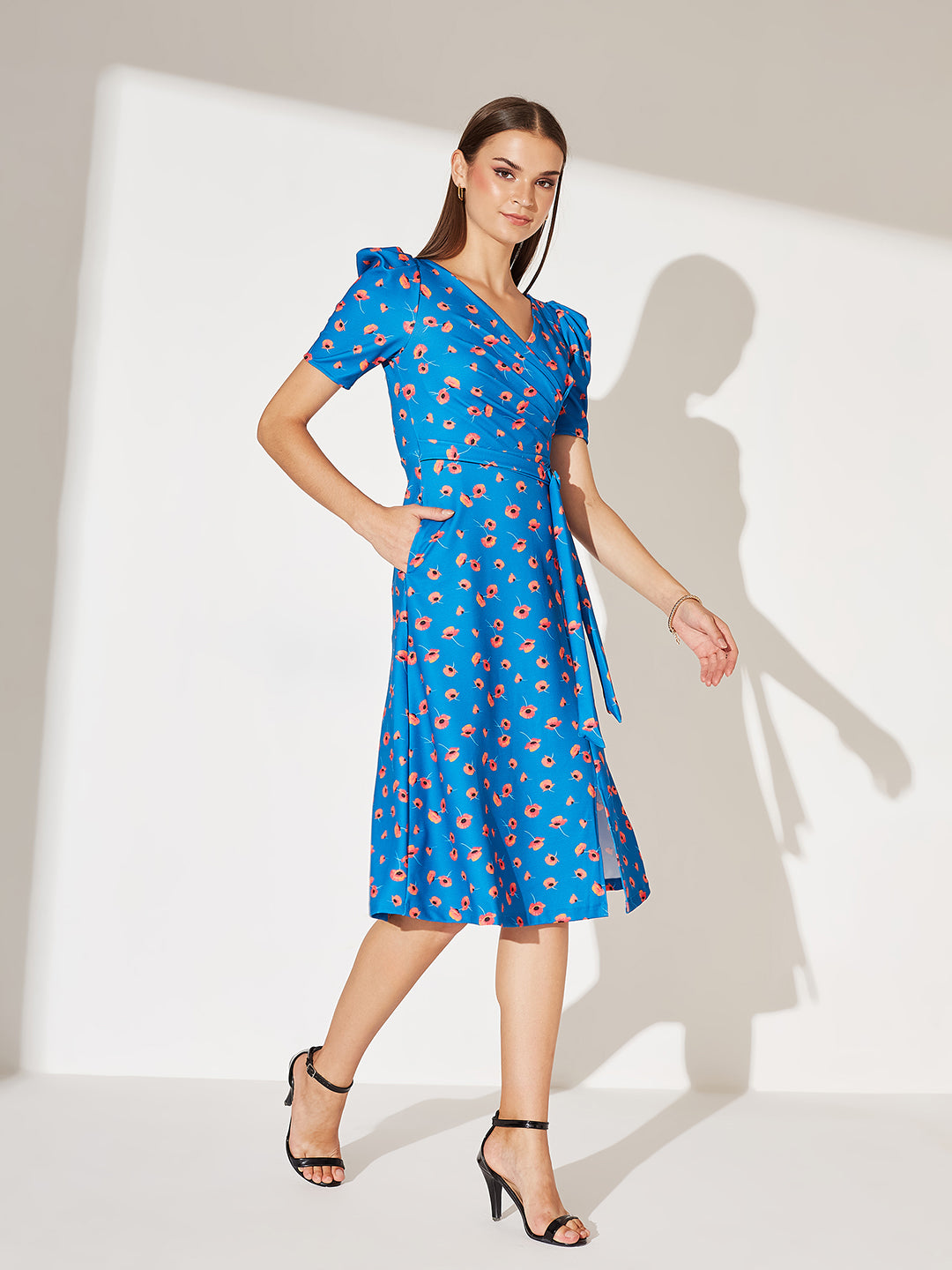 Blue V-Neck Pleated Puff Sleeve Floral Patterned Wrap Midi Polyester Dress for Women