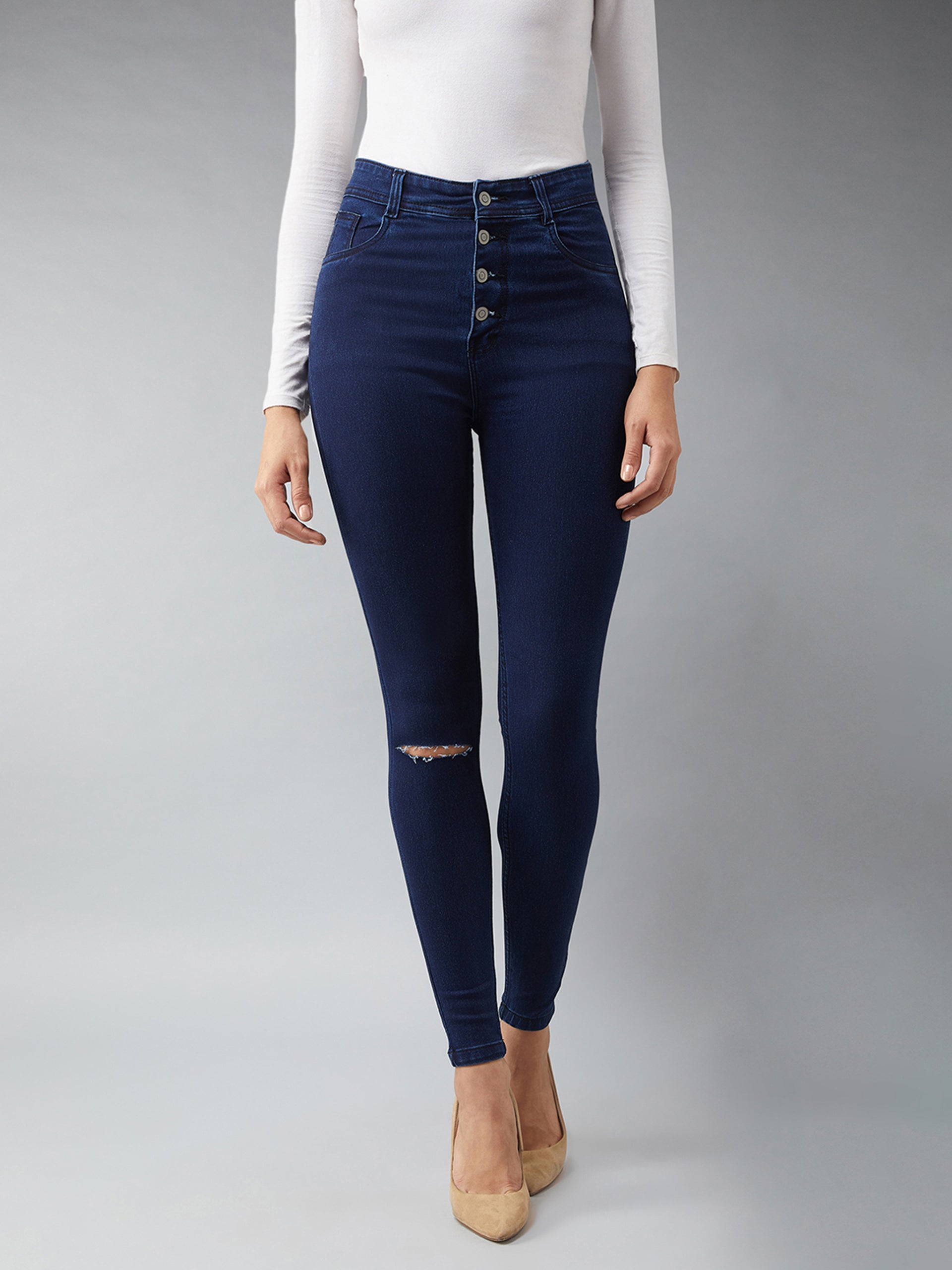 CHASEstretch™ Navy-Blue Skinny High-Rise Knee-Slit Denim Jeans
