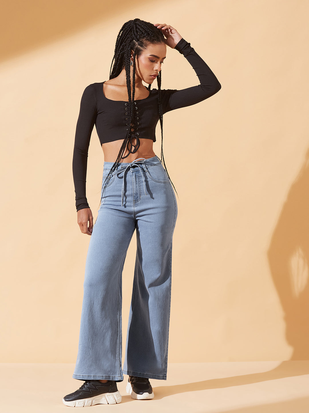 Light-Blue High-Rise Wide-Leg Stretch Denim Jeans with Tie-Up Waist for Women
