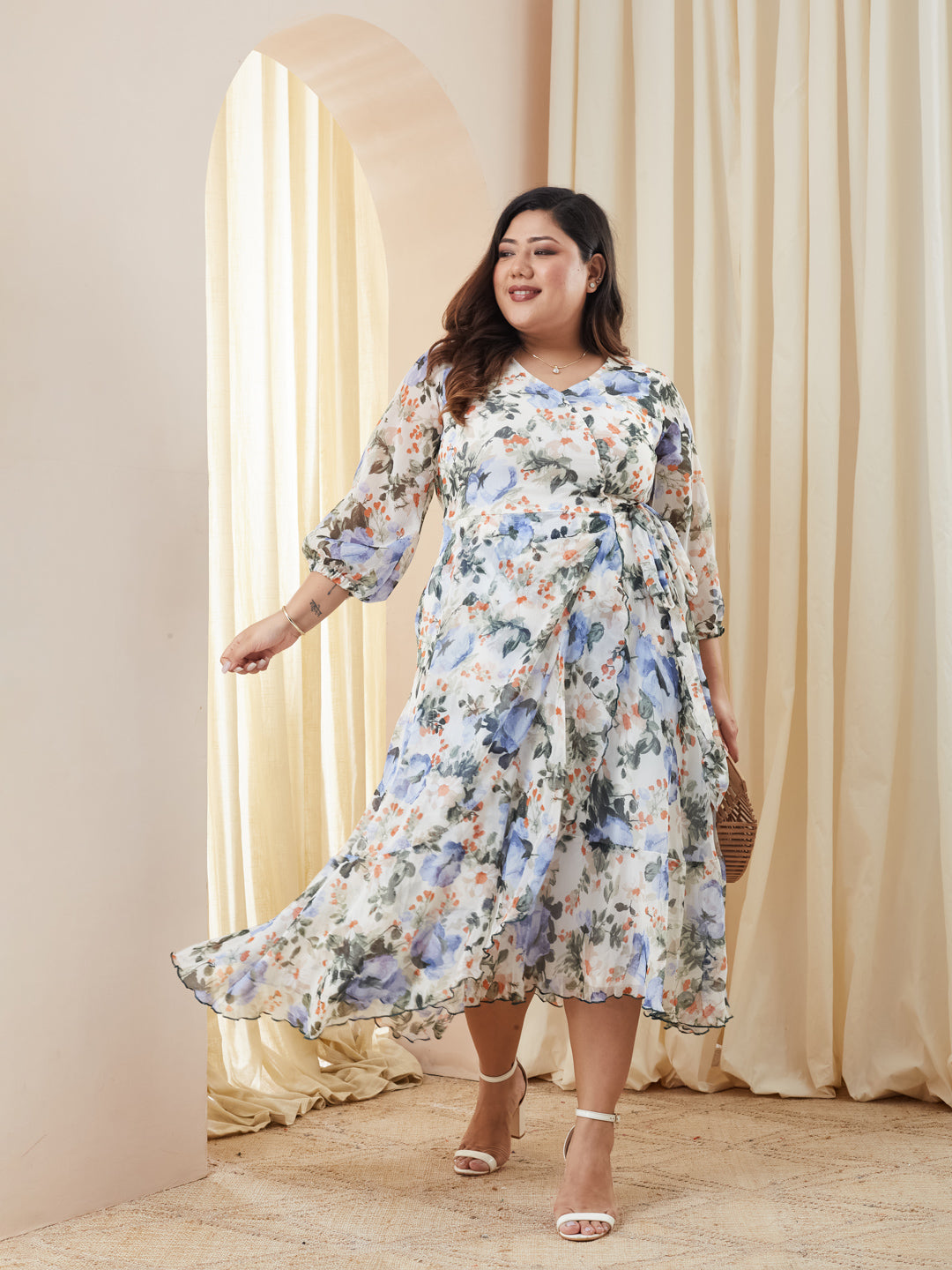 Multicolored-Base-Off White V-Neck Three-Quarter Sleeve Floral Wrap Chiffon Midi Dress for Women
