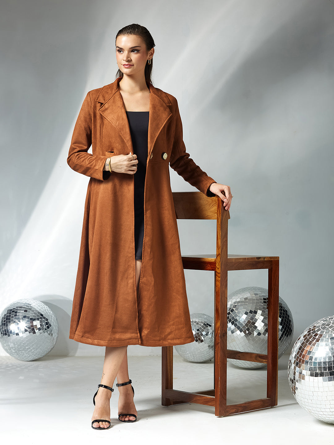 Women's Brown Solid V-Neck Full Sleeves Side Pocketed Polyester Double Breasted Longline Jacket