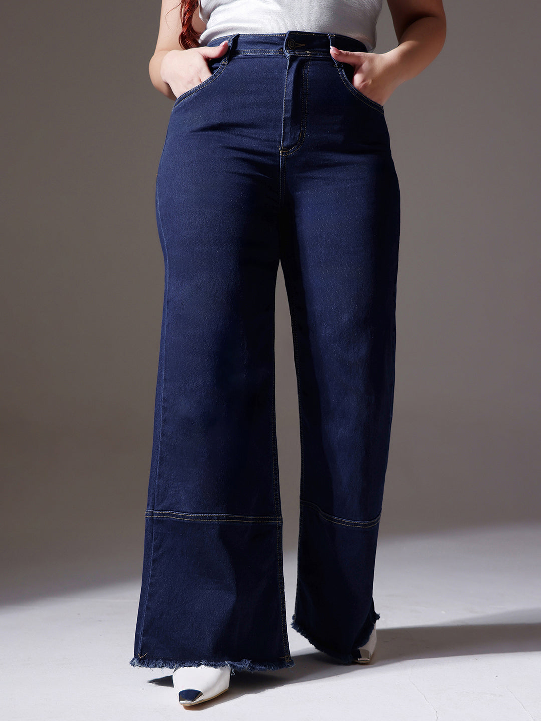 Women's Navy Blue Wide-Leg High-Rise Stretchable Denim Jeans