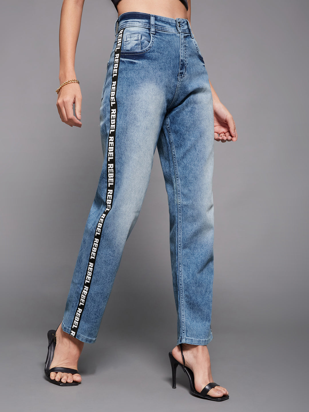 Women's Light Blue Slim High-Rise Blast Effect Twill Tape Detailing Stretchable Denim Jeans